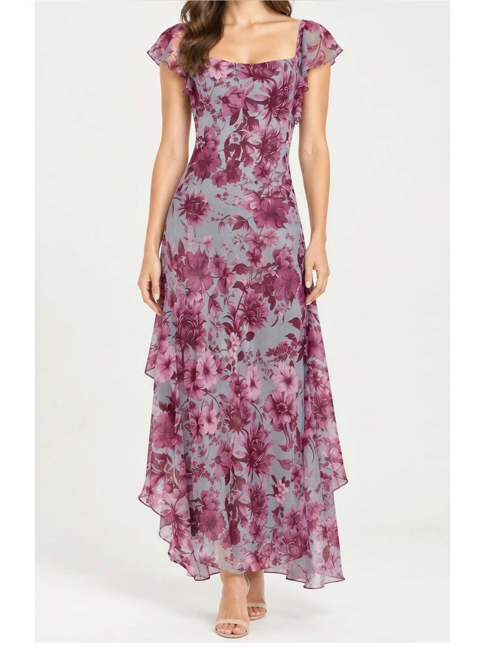 BHLDN Ruffle Chiffon Maxi Dress, Purple, XS